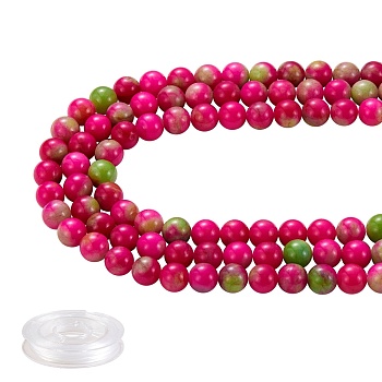 DIY Jewelry Bracelet Making Kits, 3 Strands 8mm Dyed Round Natural White Jade Beads and Flat Elastic Thread, Fuchsia, 8mm, Hole: 1mm, about 49pcs/strand, 15.16''(38.5cm), 3strands/set