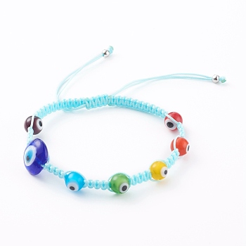 Chakra Jewelry, Adjustable Nylon Thread Braided Bead Bracelets, with Handmade Evil Eye Lampwork Beads, Colorful, Inner Diameter: 2-1/8~3-1/2 inch(5.5~8.8cm)