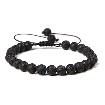 Natural Lava Rock Round Bead Adjustable Braided Bracelets, 6mm