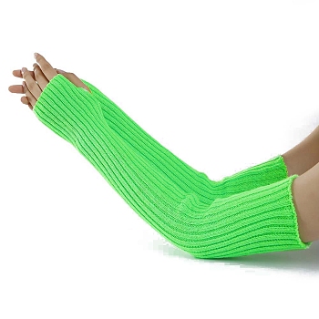 Acrylic Fibers Knitting Long Fingerless Gloves, Arm Warmer, Winter Warm Gloves with Thumb Hole, Lawn Green, 500x70mm