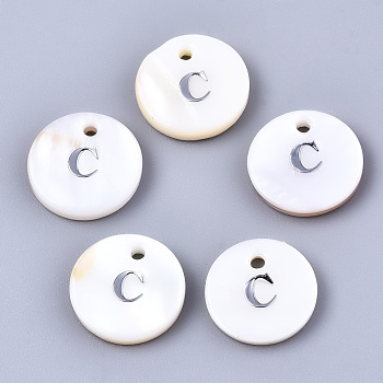 Natural Freshwater Shell Pendants, with Platinum Plated Iron Etched Metal Embellishments, Flat Round with Initial Letter, White, Letter.C, 11x2mm, Hole: 1.5mm