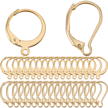 2 Style 304 Stainless Steel Leverback Earring Findings, with Loop, Real 18K Gold Plated, 14.5~16.5x10~12x2mm, Hole: 1.2mm, Pin: 1mm, 40Pcs/style, 80Pcs/box