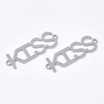 201 Stainless Steel Links connectors, for Valentine's Day, Laser Cut Links, Word Kiss, Stainless Steel Color, 30x9.5x1mm, Hole: 1.5mm