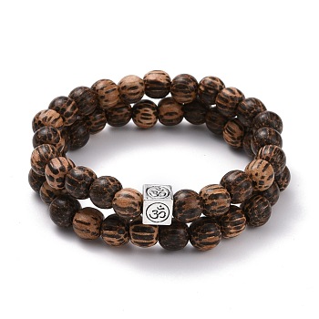 Waxed Natural Bodhi Wood Round Beads Stretch Bracelets Sets, Om Symbol Alloy Cube European Beads Yoga Bracelets for Men Women, Saddle Brown, Inner Diameter: 2-1/8 inch(5.4cm), 2pcs/set