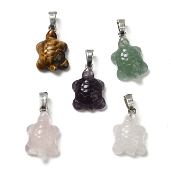 Natural & Synthetic Mixed Gemstone Pendants, Tortoise Charms, with Rack Plating Platinum Plated Brass Snap on Bails, Mixed Dyed and Undyed, 17~22x12.5~13.5x6~6.5mm, Hole: 8x5mm