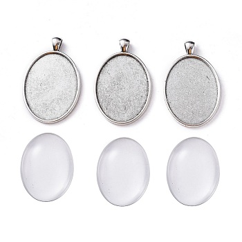 DIY Pendant Making, with Tibetan Style Oval Alloy Big Pendant Cabochon Settings and Transparent Oval Glass Cabochons, Antique Silver, Cabochons: 40x30x7~9mm, Settings: 51.5x33x3mm, Hole: 7x4mm, 2pcs/set