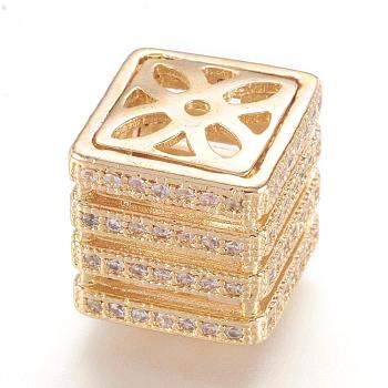 Brass Micro Pave Cubic Zirconia Beads, Real 18K Gold Plated, Cube, Golden, 10.5x10.5x10.5mm, Hole: 1mm