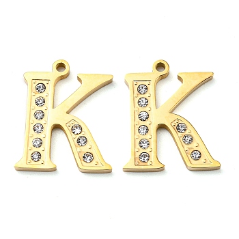 Real 14K Gold Plated 304 Stainless Steel Pendants, with Rhinestone, Letter K, Letter K, 18x15x2mm, Hole: 1.4mm