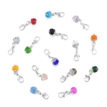 Alloy Pendant Decoration, with Crystal Faceted Round Beads, Lobster Clasp Charms, Clip-on Charms, for Keychain, Purse, Backpack Ornament, Stitch Marker, Mixed Color, 2.7cm, 1pc/color, 15 colors, 15pcs/bag
