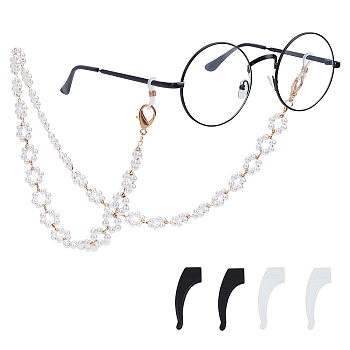 Olycraft Alloy Eyeglasses Chains, Neck Strap for Eyeglasses, with Plastic Beads, Rubber Loop Ends and Silicone Eyeglasses Ear Grip, Flower, White, Golden, 25.20 inch(64cm)