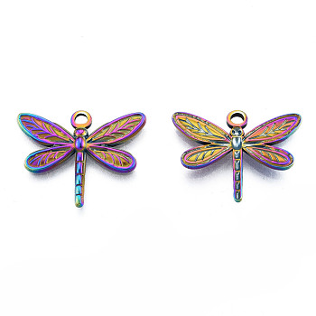 Ion Plating(IP) 201 Stainless Steel Pendants, Dragonfly, Rainbow Color, 20x25x2mm, Hole: 2mm