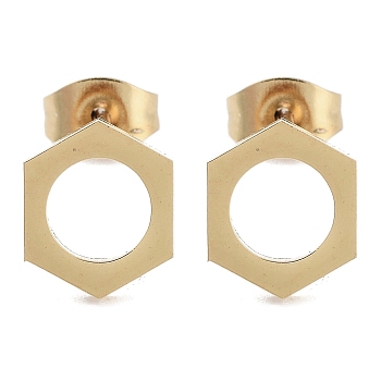 PVD Vacuum Plating 304 Stainless Steel Stud Earrings for Women, Hollow Hexagon, Golden, 9.5x8mm