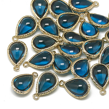 Glass Pendants, with Golden Tone Brass Findings, teardrop, Dodger Blue, 18.5x12.5x7mm, Hole: 1.5mm