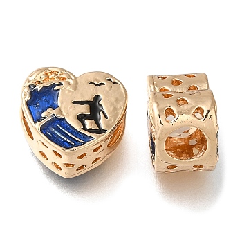 Rack Plating Alloy Enamel European Beads, Large Hole Beads, Heart with Surf, Golden, 11x12x7.5mm, Hole: 5mm