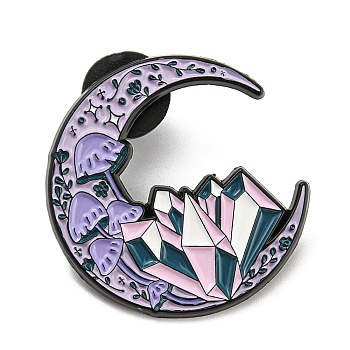Enamel Pins, Black Alloy Brooches for Backpack Clothes, Moon & Mushroom & Crystal, 31x29.5x1.5mm