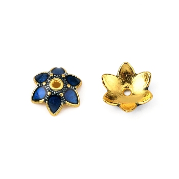 6-Petal Alloy Enamel Bead Caps, Flower, Prussian Blue, 9.5x8.5x2.5mm, Hole: 1.4mm