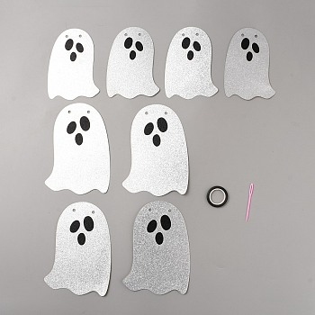 Halloween Theme Ghost Paper Hanging Streamer, for Festive & Party Decoration, including Needle, Silk Ribbon, Silver, 141~170x101~119x1mm