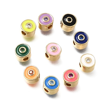 Brass Micro Pave Cubic Zirconia Beads, with Enamel, Flat Round, Real 18K Gold Plated, Mixed Color, 6x5mm, Hole: 1.8mm