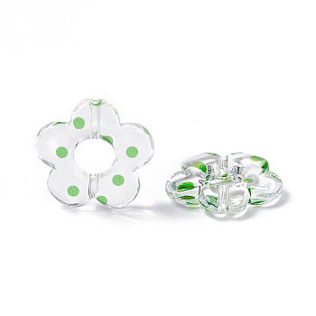 Transparent Acrylic Beads, Flower with Polka Dot Pattern, Clear, Green, 19x19.5x3.5mm, Hole: 1.6mm