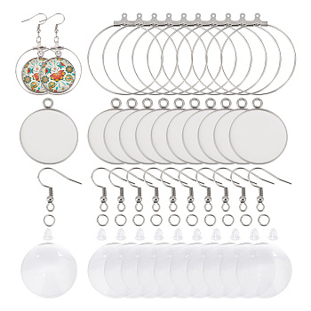 DIY Blank Dome Earring Making Kit, Including 304 Stainless Steel Earring Hooks & Round Pendants, Plastic Ear Nuts, Glass Cabochons, Stainless Steel Color, 200Pcs/box