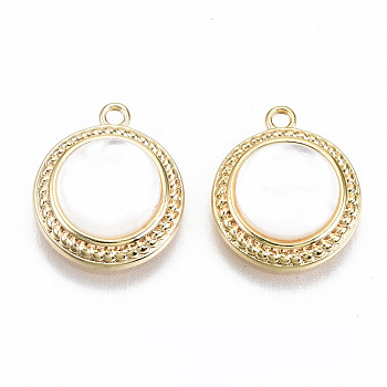 Natural Freshwater Shell Charms, with Brass Findings, Nickel Free, Flat Round, Seashell Color, Real 18K Gold Plated, 13.5x11.5x4mm, Hole: 1.2mm