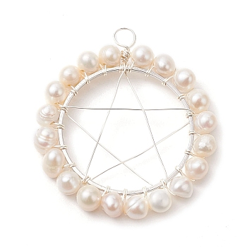 Natural Cultured Freshwater Pearl Round Beaded Ring Pendants, Copper Wire Wrapped Pentagram Charms, Platinum, 43.5x40x6.5mm, Hole: 4mm
