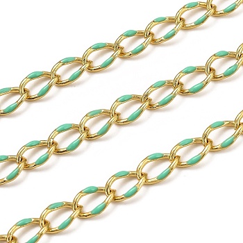 Brass Curb Chains, with Enamel, Spool, Long-Lasting Plated, Soldered, Golden, Aquamarine, Link: 10.3x7x1.25mm