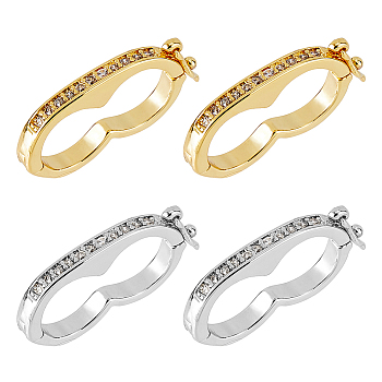 4Pcs 2 Colors Brass Micro Pave Clear Cubic Zirconia Peanut Twister Clasps, for Purse Making, Real Gold Plated & Real Platinum Plated, 19x10x2mm, Inner Diameter: 14x7.5mm, 2pcs/color