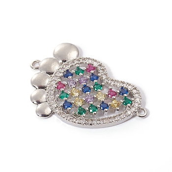 Brass Micro Pave Cubic Zirconia Links connectors, Baby Foot, Colorful, Platinum, 29.5x20.5x3mm, Hole: 1.2mm