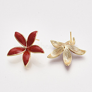 Brass Enamel Stud Earring Findings, with Loop, Real 18K Gold Plated, Nickel Free, Flower, Red, 22.5x24mm, Hole: 1.2mm, Pin: 0.8mm(X-KK-T038-572C-G-NF)