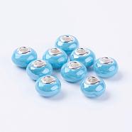 Handmade Porcelain Ceramic Spacer European Beads Fit Charm Bracelets, with Silver Color Brass Double Cores, Rondelle, Sky Blue, 15x11mm, Hole: 5mm(X-OPDL-G001-5)