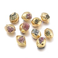 Natural Tourmaline Beads, with Golden Plated Brass Edge, Rough Raw Stone, Nuggets, 20~21.5x15~16x15.5~22mm, Hole: 1.2mm(G-L543-038G)
