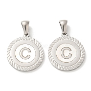 304 Stainless Steel Pendants, Flat Round Shell Charms with Letter, Stainless Steel Color, Letter C, 20.5x17.5x1.5mm, Hole: 2.5x4.5mm(STAS-I204-C-P)
