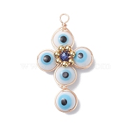 Brass Wire Wrapped Handmade Evil Eye Lampwork Pendants, with Glass Beads, Cross Charm, White, 40x24x8.5mm, Hole: 3mm(PALLOY-TA00036-03)