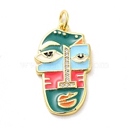 Real 18K Gold Plated Brass Clear Cubic Zirconia Pendants, with Enamel and Jump Ring, Abstract Face, Teal, 26x15x4mm, Hole: 3.4mm(KK-A198-22G-02)