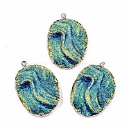 Electroplate Druzy Resin Pendants, with Edge Light Gold Plated Iron Loops, Oval, Sky Blue, 41x28x7mm, Hole: 1.8mm(RESI-S383-040)