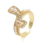 Rack Plating Brass Micro Pave Cubic Zirconia Bowknot Open Cuff Rings for Women, with Plastic Imitation Pearl, Long-Lasting Plated, Cadmium Free & Lead Free, Real 18K Gold Plated, 19.5mm, Adjustable(RJEW-C080-04G)