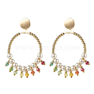 Round Shell Pearl Beads & Glass Beads Big Ring Dangle Stud Earrings, Brass Earring for Girl Women, Golden, Colorful, 64.5mm, Pin: 0.7mm(EJEW-TA00013)