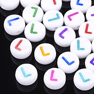Initial Acrylic Beads, Horizontal Hole, Flat Round, Mixed Color, Letter.L, 7x3.5~4mm, Hole: 1.2mm, about 3700pcs/500g(OACR-E001-20L)