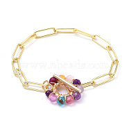 Brass Paperclip Chain Bracelets, with Natural Agate Beads and 304 Stainless Steel Toggle Clasps, Real 18K Gold Plated, 7-1/4 inch(18.5cm)(BJEW-JB05180-02)