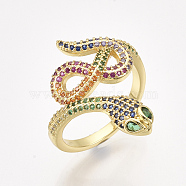 Brass Micro Pave Cubic Zirconia Cuff Rings, Open Rings, Snake, Colorful, Size 9, 19mm(RJEW-S044-048)