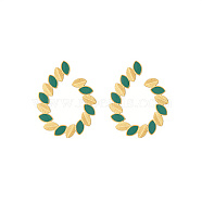 Golden 304 Stainless Steel Stud Earrings with Enamel, Teardrop with Leaf, Green, 28.6x23mm(HU1446-1)