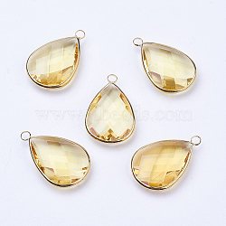 Golden Tone Brass Glass Teardrop Pendants, Faceted, Champagne Yellow, 18x10x5mm, Hole: 2mm(X-GLAA-M006-A-18G)