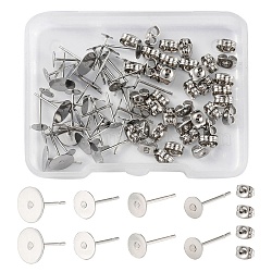 40Pcs 4 Size 304 Stainless Steel Stud Earring Findings, Flat Round Earring Settings, with 40Pcs Ear Nuts, Stainless Steel Color, 12x4~8mm, Pin: 0.6~0.8mm, 10Pcs/size(STAS-YW0001-56)