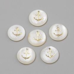 Freshwater Shell Pendants, Flat Round & Anchor, Golden, 16x3.5~4mm, Hole: 1.2mm(SHEL-Q010-006G)