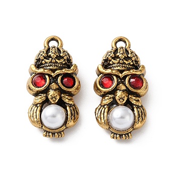 304 Stainless Steel & ABS Plastic Pearl Pendants, Owl Charm, with Rhinestone, Ion Plating(IP), Long-Lasting Plated, Red, 22.5x11x6mm, Hole: 1.6mm