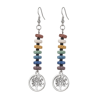 Colorful Natural Dyed Lava Rock Disc Beaded Dangle Earrings, Alloy Tree of Life Long Dorp Earrings, Antique Silver, 80x17mm