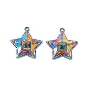 Ion Plating(IP) 304 Stainless Steel Pendants, Star Charms, Rainbow Color, 26x25x4.5mm, Hole: 2.5mm, inner diameter: 5x5mm