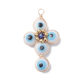 Brass Wire Wrapped Handmade Evil Eye Lampwork Pendants, with Glass Beads, Cross Charm, White, 40x24x8.5mm, Hole: 3mm