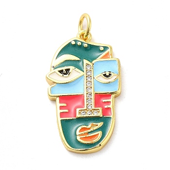 Real 18K Gold Plated Brass Clear Cubic Zirconia Pendants, with Enamel and Jump Ring, Abstract Face, Teal, 26x15x4mm, Hole: 3.4mm